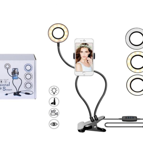 Aro Luz Con Soporte Celular Clip 3 Niveles De Luz Control